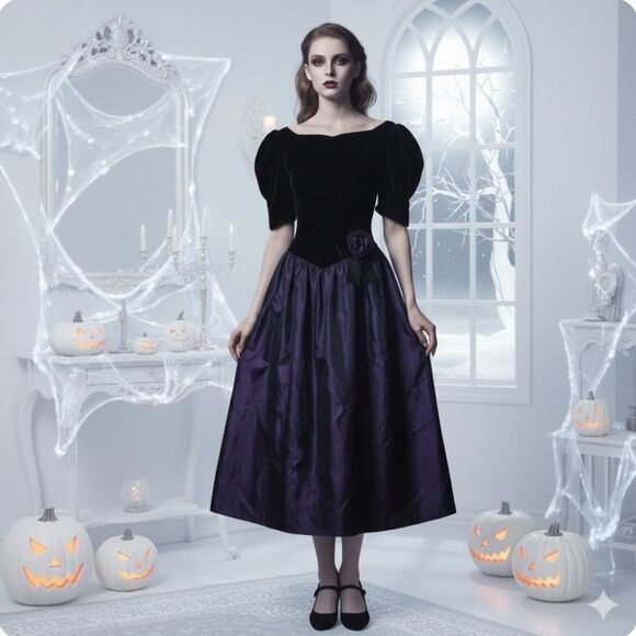 Vintage Gunne Sax Black Velvet Gothic Vampire Halloween Puff Sleeve Dress Size 7 - Picture 1 of 10